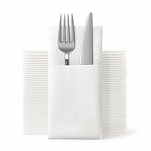 JEBBLAS Einweg-Stoffservietten, integrierte Bestecktasche, Hochzeitsparty, Leinengefühl, weiße Serviette, vorgefaltet für Besteck (Weiß50)