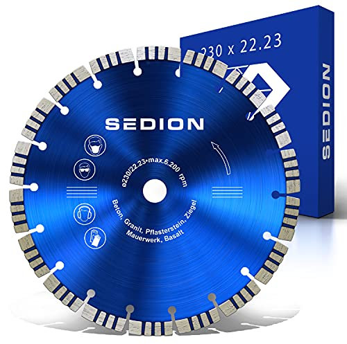 SEDION ® Diamanttrennscheibe 230 mm - Trennscheibe zum Trennen von Stein Beton Stahlbeton Pflastersteine Klinker Granit Asphalt Basalt - 230mm x 22,23 - Sedion Premium Qualität - Diamant Steinscheibe