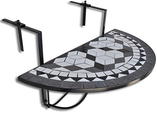 Susany Klapptisch Mosaik-Balkontisch Hängetisch Balkonhängetisch 76 x 56 x 64 cm Mit Keramik-Tischplatte:76 x 38 cm,Halbkreisförmiges Design,Eisenrohr+Keramikfliesen,Schwarz und Weiß