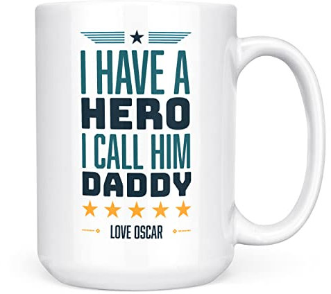 Mug Monster - I Have A Hero I Call Him Daddy Mug, Father's Day Gift from Young Son - Ceramic Coffee Cup, Gift for Men or Women, Extra Large and Giant Available, 15oz White