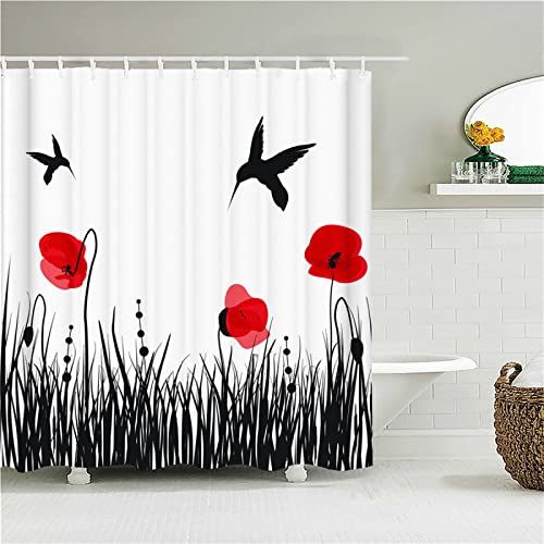 Roogsoo Duschvorhang W150cm x L180cm Mohn Duschrollo Anti-Schimmel, Duschvorhänge Wasserdicht, 3D Outdoor Vorhang Waschbar, Schnell Trocknend Polyester, Extra Lange Badezimmer gardinen mit 12 Haken