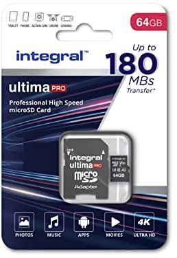 Integral 64GB Micro SD Card 4K Video Read Speed 180MB/s and Write Speed 45MB/s MicroSDXC A2 C10 U3 UHS-I 180-V30 Micro SD Memory Card