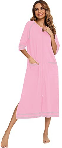 Veseacky Women Zipper Robe Half Sleeve Loungewear Lightweight Full Length Housecoat(Pink,L)