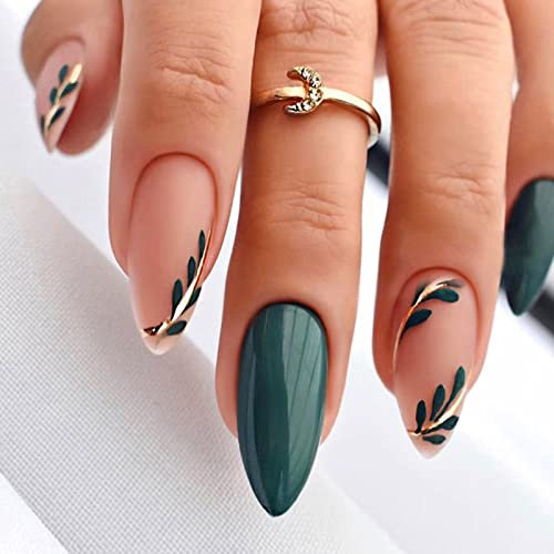 24Pcs French Fake Nails Short, Almond Press on Nails Simple Green Leaves False Nails with Design, Acrylic Reusable Full Cover Glue on Nail for Women Girls Nail Art Accessories