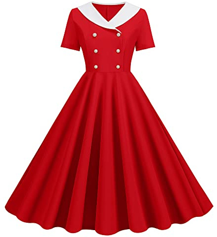 Wellwits Damen Revers V Ausschnitt Plaid Pocket 1940er 1950er Vintage Swing Kleid, Fancy Red, 42/44