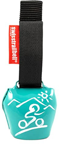 swisstrailbell® Fresh Colour-Edition: Türkis mit weißem Mountainbiker, schwarzes Band, Trailbell, Bear Bell