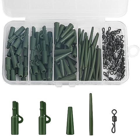 Realure 120 Stück Karpfen Zubehör Set Komplett Profi mit Sicherheits Clips Anti Tangle Ärmel Tail Gummi Rohre Schnell Wechselwirbel Clips zum Karpfenangeln Leadclip für Karpfenanfänger