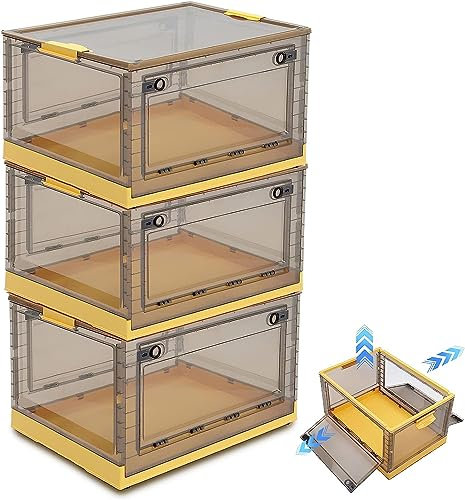 BTGGG 3 Pack Collapsible Storage Box Extra Large 57L*3 Stackable Clear Plastic Storage Box Organizer, 3 Sides Openable for Easy Access, Folding Containers Bin for Books Toys Clothes (Yellow)