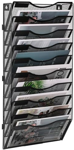 TQVAI 10 Fächer Zeitschriftenhalter Wand Metall Dokumenten Organizer Papier A4 Flyerhalter Postsortierer Dokumentenablage für Büro Zuhause Schule, Schwarz