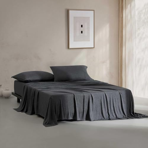 Calvin Klein Queen-Bettwäsche-Set, Baumwoll-Melange-Jersey-Bettwäsche-Set mit tiefen Taschen, super weich und gemütlich, ideales Valentinstagsgeschenk (Moderne Baumwolle, Gunmetal Grey, Queen)