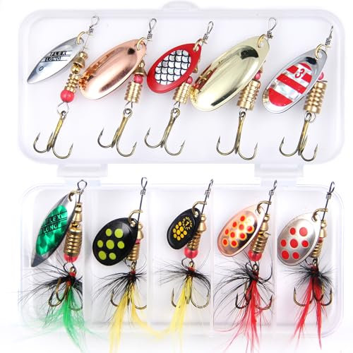 EXAURAFELIS Angelköder Spinnerbait mit gefiederten Drillingshaken, Hahnschwanz, Köder für Barsch, Forelle, Lachs, Hartmetall, Spinnköder mit Angelbox (10 Stück Spinnerbait mit gefiederten Drillingen)