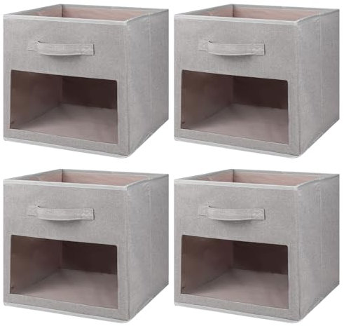 BinWhiz 4-Pack Collapsible Fabric Storage Cubes, 33x33x33 cm Bins with Clear Front Window, Ideal Space-Saving Storage Solution for Bedroom, Closet, Shelves, Utility Room Organization (Silver Grey)
