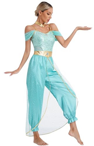 TiaoBug Damen Prinzessin Kostüm Set Pailletten Crop Top + lange weite Hose + Stirnband mit Strass Verkleidung für Karneval Fasching Cosplay Party Tanz Türkis H S
