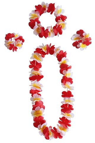 duoyif Hawaiiketten Hawaii Blumen Kette Blumenketten Hawaiian Kette Haarband Armbänder Hula Lei Hawaiiketten Blumenkette Für Cheerleading Fußball Jubelnde Sportspiele Strandpartys (N rot weiß)