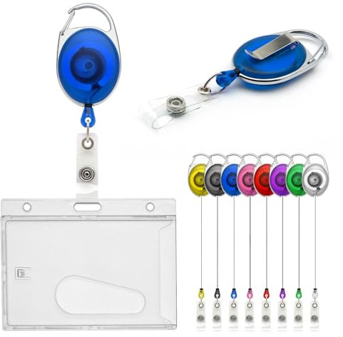 CKB LTD Ausweishalter, einziehbares Spulen-Set, Kombi, einseitig, geschlossener Auswurfschlitz, horizontaler Ausweishalter für Schule, Büro, Ausweis, Gürtelclip-Befestigung, hält 86 x 54 mm (blau)