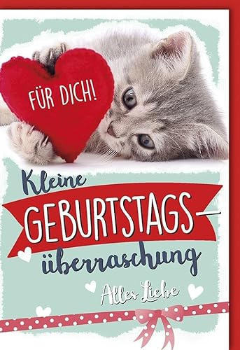 Verlag Dominique Geburtskarten Glückwunschkarten zur Geburt Doppelkarte mit niedlichem Katzenmotiv rotem Herz und Schriftzug Für Dich Kleine Geburtstagsüberraschung Alles Liebe mit Umschlag