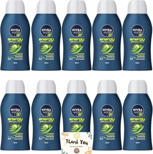 Travel Shower Gel Mens Toiletries Bundle with Nivea Body Wash Energy 3 in 1 (Body, Face and Hair), Fresh Masculine Scent, 10x50ml and Wishesla Thank you Card