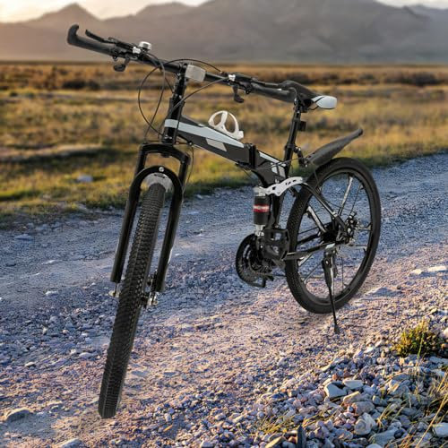 FahrräDer Erwachsene Fahrrad Unisex Klappfahrrad MTB Mountainbike Und Scheibenbremse Alu Bike Faltrad Faltbares Zoll FüR Jugendliche Hochkohlenstoffhaltiger Stahl 26 Zoll 21 Gang (Schwarz und Weiß)