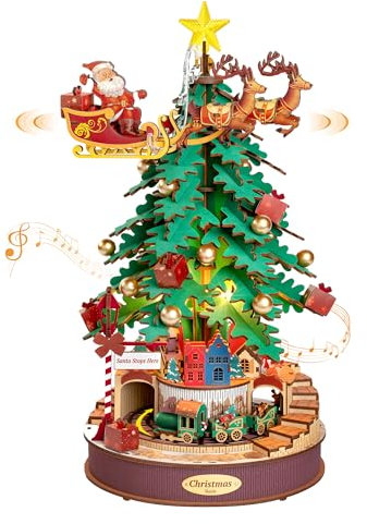Rolife 3D Puzzle für Erwachsene zum Bauen Weihnachtsbaum Spieluhr mit Spinnzug Holzmodellbausätze mit Musik und LED Licht Kreative Geschenke für Weihnachten