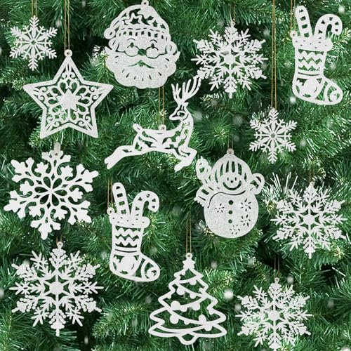 Amabro 42 teiliges Christbaumschmuck Set, Schneeflocken Anhänger Weihnachten Deko Rentier Weihnachtsstrumpf, Schneemann, Weihnachtsmann Hängedekoration für Weihnachten, Winter, Silvesterparty