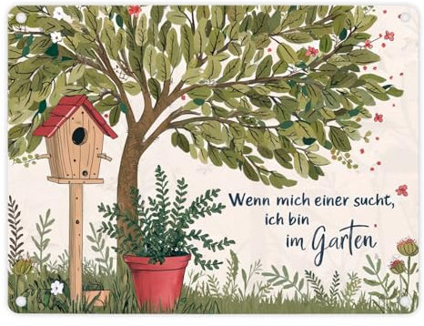Wenn mich einer sucht ich bin im Garten Metallschild in 15x20 cm Baum mit Blüten im Garten Metallschild in 15x20 cm grüne Blätter rote Vogelhäuschen rotes Dach Topfpflanze