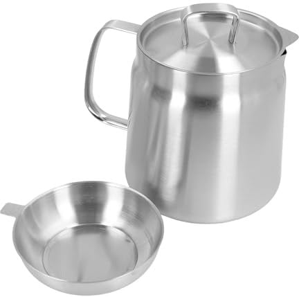 Yunir Stainless Steel Oil Filter Pot, Large Capacity Cooking Oil Container with Strainer, Handle, Infuser Spout, Multi Functional, Heavy Duty for Kitchen Camping (2L)