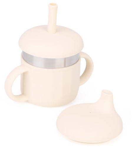 MYCOKI SP Baby-Schnabeltasse, Silikon-Trainings-Edelstahl-Kinderbecher, bruchfester Strohhalm-Deckel für Kleinkinder von 6–12 Monaten und 1–3 Jahren, 209 ml Wassertrinkbecher (Beige, 1 Stück)