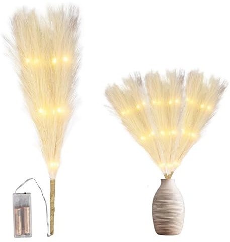 4Pcs - 45cm Prelit Cream Pampas Grass Stem, Warm White LEDs Battery-Operated Christmas Artificial Flowers for Boho Wedding Bedroom Living Room Decorations