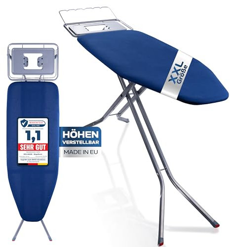 RELLINGER® Premium XXL Bügelbrett 122x44cm Bügelfläche [EXTRA STABIL & HÖHENVERSTELLBAR] - Bügelbrett für Dampfbügelstation - Bügeltisch mit rutschfesten Füßen - Ironing Board mit Ablage (Made in EU)