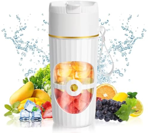 Tragbarer Mixer kabellos Smoothie Maker To Go elektrisch mini Entsafter 450ml USB-C Anschluss wiederaufladbar Blender Glas+PP 6 scharfe Edelstahlklingen Standmixer für unterwegs, Trinkhalm (Weiss)
