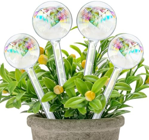 Abeillo 4Pcs Iridescent Plant Watering Globes Clear Self Watering Globes for Plant, Glass Plant Watering Bulbs Insert Spikes Plant Accessories for Home Indoor Outdoor Automatic Irrigation System