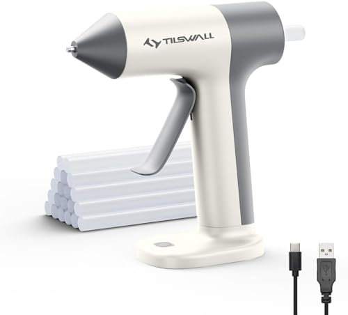 Tilswall 4V kabellose Heißklebepistole, 2000mAh Typ-C wiederaufladbar, schnelles Aufheizen in 30s mit 20 Klebestiften, ideal für Heimwerker, Hausreparaturen und Geschenkherstellung - Weiß