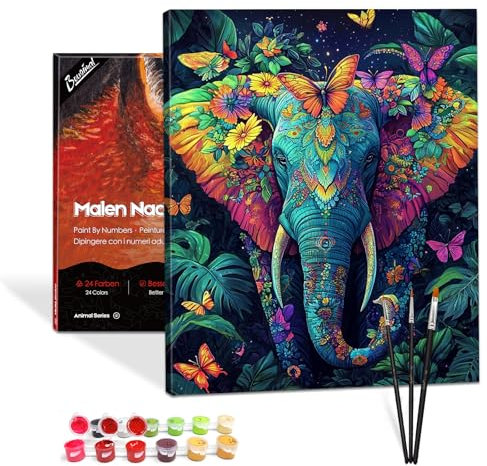 Bougimal Peinture par Numéros Animaux adultes Avec Pinceaux et Peinture Acrylique - 40 x 50 cm, Avec Cadre, Éléphant