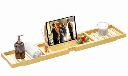 Premium Bath Tray Caddy, Expandable Bamboo Wooden Bath Trays for Across The Bath