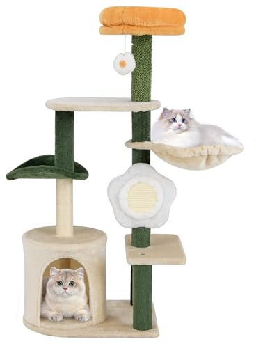 GOPLUS Arbre a Chat Moderne en Forme de Fleur en Coton, Arbre à Chat avec Perchoir Supérieur Rembourré, Griffoir et Planche en Sisal, Balle Suspendu, pour Chats d'Intérieur, Vert et Beige