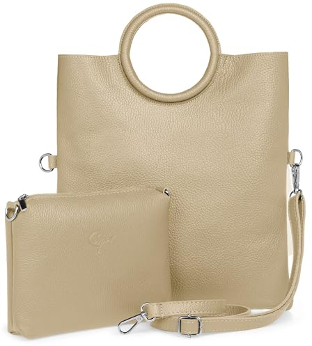 Caspar 2 in 1 Leder Set Umhängetasche mittelgroße Damen Handtasche Crossbody Bag mit herausnehmbarer Innentasche - CLASSIC LINE - Modell No.836 - Made in Italy, Farbe:taupe