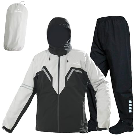 VIKAMAKA Combinaison de pluie imperméable de moto pour homme, respirante et légère à capuche réfléchissante, veste de pluie et pantalon pour homme (gris et noir, taille XXL)