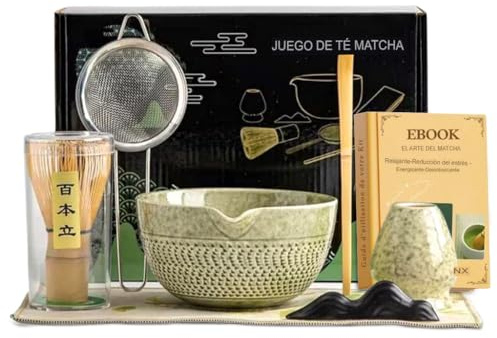 Kit Matcha Revalinx 7 pezzi – Set completo per la cerimonia del tè matcha – Frustino in bambù, Ciotola matcha, Cucchiaio, Supporto frustino, Setaccio, Panno – Servizio da tè giapponese, ebook incluso.