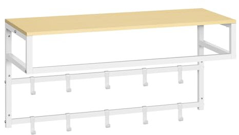 eSituro Wandgarderobe mit Ablage, Kleiderständer Wand mit Kleiderstange 10 Haken, Garderobe Wandmontage, für Eingangsbereich Schlafzimmer Wohnzimmer, 80x41x30 cm, Weiß + Holzoptik
