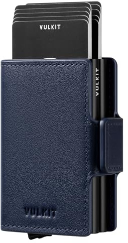 VULKIT Porte Carte Double Portefeuille Homme et Porte-Cartes en Cuir Véritable Porte Carte Bancaire Homme RFID Anti Piratage, Bleu