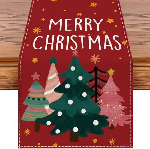 JOTOM Weihnachten Tischläufer, Tischband Küche Esstisch Dekoration für Party Wohnzimmer Esszimmer Garten, Innen & Außen Weihnachtstischdecke Weihnachtsdeko (40x240cm, Weihnachtsbäume Rot)