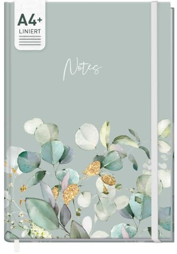 Häfft paper&you® Notizbuch A4+ liniert Minty Leaves | 156 linierte Seiten, 100g/m²-Papier, Gummiband, Lesebändchen - großes Journal-Buch, als Tagebuch oder für kreative Notizen