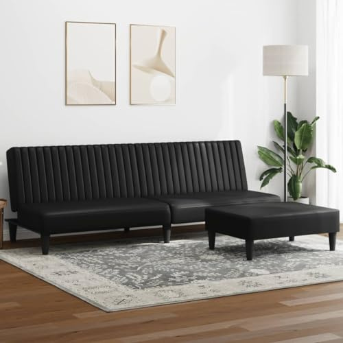 Teenpull 2-TLG. Schlafsofa Schwarz Kunstleder, 200x84,5x69 cm, mit Fußhocker, Moderne Couch für Wohnzimmer, vielseitiges Futon Sofa Bett
