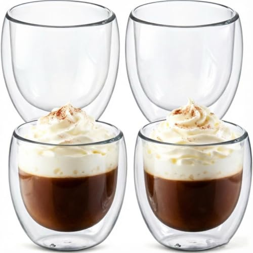 Double Walled Insulated Glass Cups, 4x250ml Espresso Coffee Cups Cappuccino Mugs,Wall Thermo Insulated Latte Cup, Clear Glasses Mugs for Latte,Hot Drinks Tea Milk Juice Ice Cream