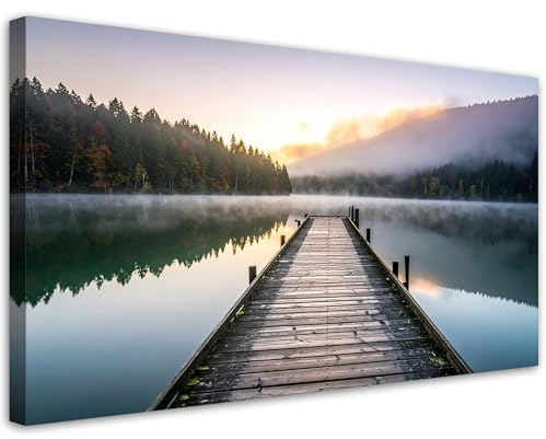 Feeby Wandbilder - Bilder Schlafzimmer - See Steg Wald Landschaft - 100x50 1tlg - Wohnzimmer Bild Groß - Wohnungs - Foto Geschenk - Leinwand Wall Art - Wand Deko