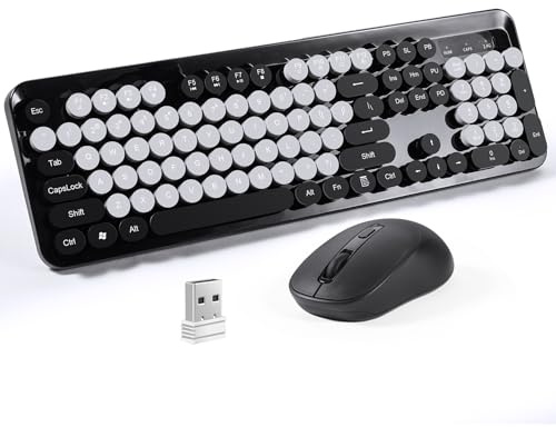 K73 Wireless Keyboard and Mouse Combo, 2.4GHz Full-Size Typewriter Keyboard | Retro Round Keycaps, One USB Receiver, Black Cute Keyboard for PC/Laptop, Ergonomic Design, US Layout, Mixed Color