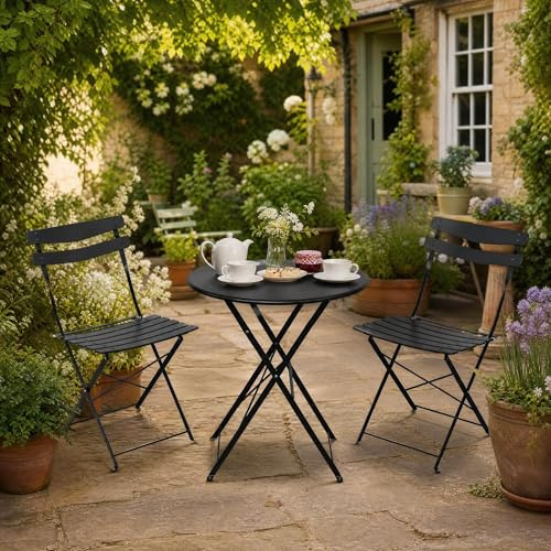 GarveeMore 3 Piece Bistro Set for 2, Folding Garden Table and Chairs Set of 2, Weatherproof Metal Outdoor Seating, Small Balcony Set, No Assembly 2 Seater Patio Set for Conservatory & Terrace - Black