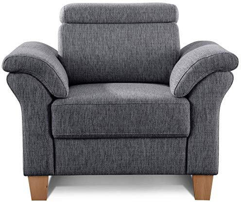 Cavadore Sessel Ammerland inkl. Federkern und Kopfteilverstellung / Großer Polstersessel im Landhausstil / Passend zur Sofagarnitur Ammerland / 101 x 84 x 93 / Strukturstoff grau