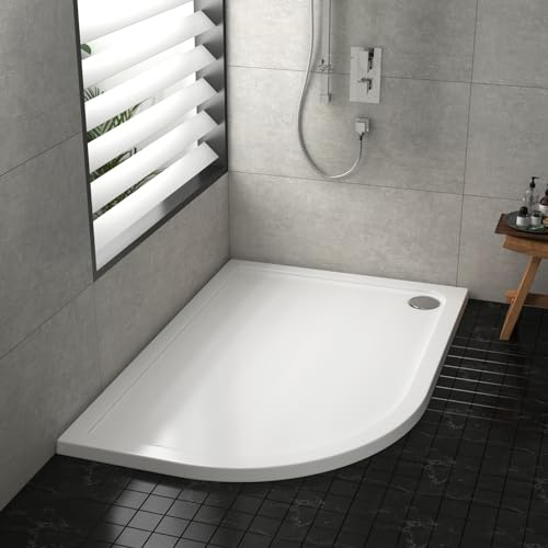 Bathroom 900 x 760mm Shower Tray Gloss White Slimline 40mm Stone Resin Left Handed Offset Base with Free Waste Trap Kit