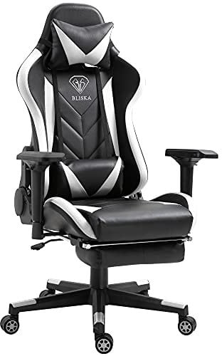 TRISENS Gaming Stuhl mit Fußstütze und ergonomsichen 4D-Armlehnen Gaming Chair in ergonomischer Sportsitz Optik Gamer Stuhl mit verstellbaren Rückenstützkissen Bürostuhl, Farbe:Schwarz/Weiß